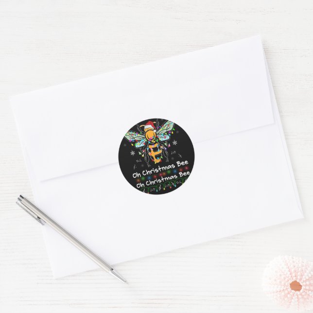 Sticker Rond Oh Christmas Bee Bee Santa Hat Bee Light Noël (Enveloppe)