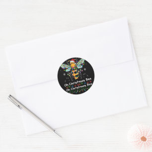 Sticker Rond Oh Christmas Bee Bee Santa Hat Bee Light Noël