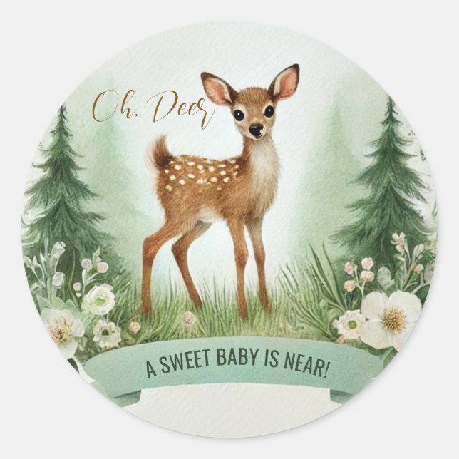 Sticker Rond Oh, Deer ! Fête du Baby shower Woodland (Devant)