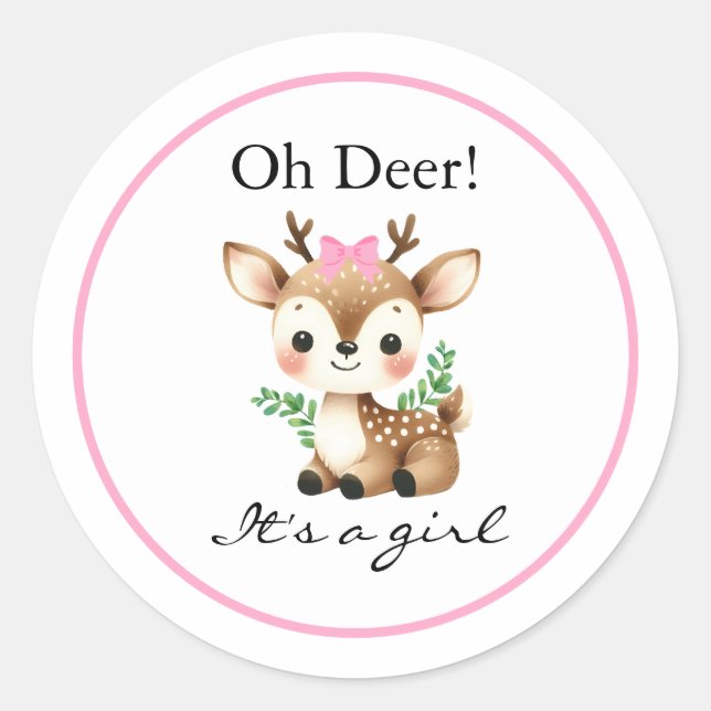 Sticker Rond Oh Deer It's A Girl Baby Shower (Devant)