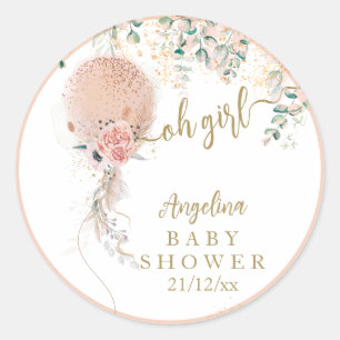Sticker Rond Oh Fille Balloon rose Baby shower Floral Eucalyptu