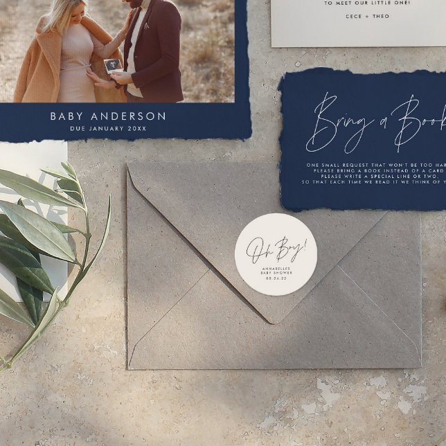 Sticker Rond oh garçon Baby shower script crème neutre (Créateur téléchargé)