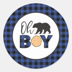 Sticker Rond Oh garçon ours bleu Buffalo Plaid Baby shower