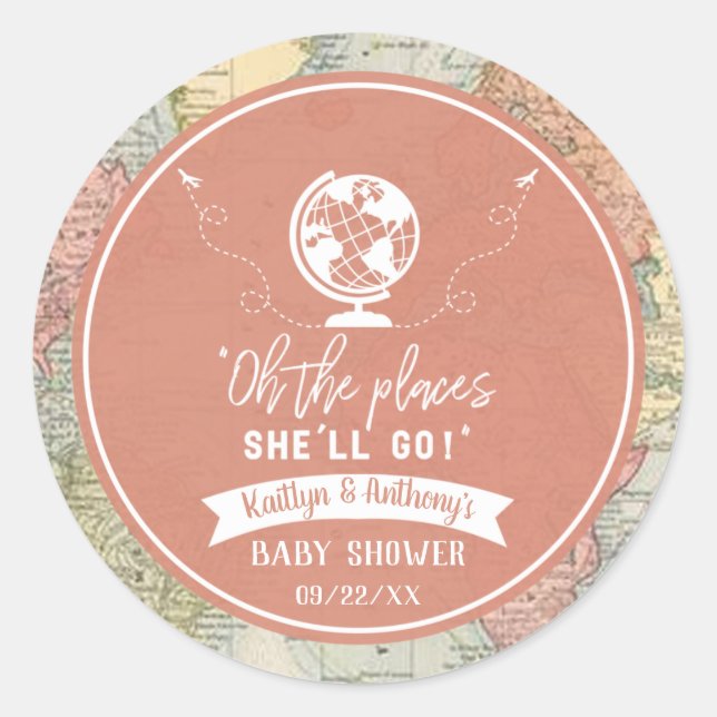 Sticker Rond "Oh les endroits où elle ira !" Baby shower Carte  (Devant)