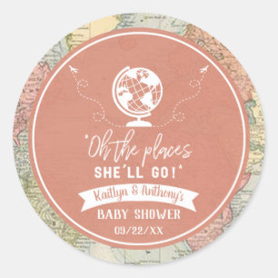 Sticker Rond "Oh les endroits où elle ira !" Baby shower Carte
