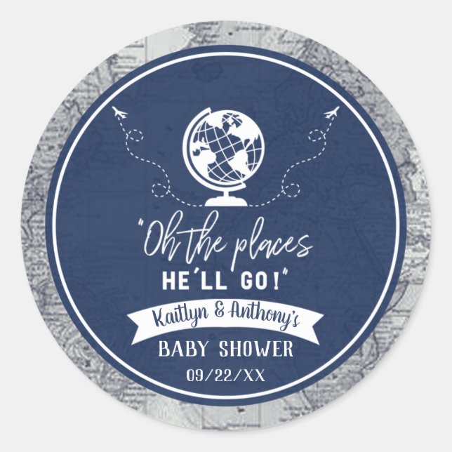Sticker Rond "Oh Les Endroits Où Il Ira !" Baby shower Carte de (Devant)