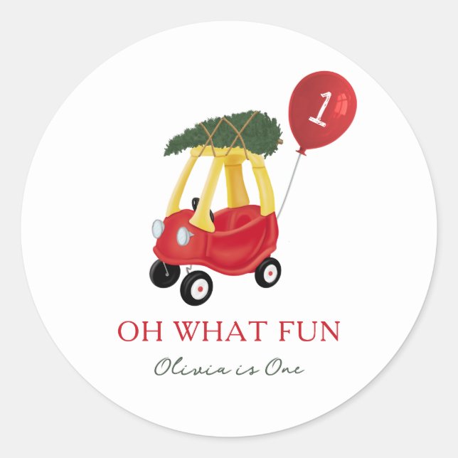 Sticker Rond Oh What Fun Christmas Car 1st Birthday Party  (Devant)