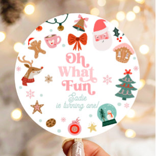 Sticker Rond Oh What Fun Christmas Party Fille 1er anniversaire