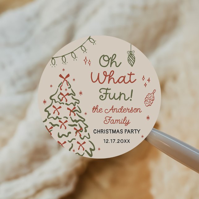 Sticker Rond Oh What Fun Hand Drawn Christmas Holiday Party (Créateur téléchargé)