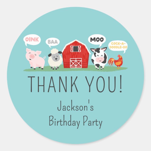 Sticker Rond Oink Baa Moo Merci Fête des animaux de ferme (Devant)