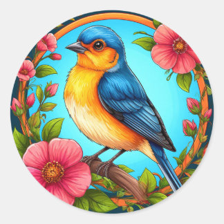 Sticker Rond Oiseau Bleu Et Fleurs Pour Les Amateurs D'oiseaux