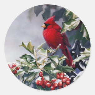 Sticker Rond Oiseau Cardinal De Noël Assis Sur Les Baies Selles