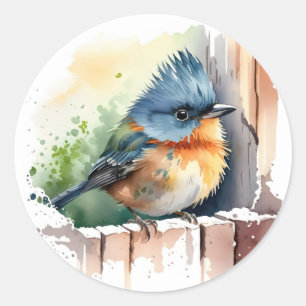 Sticker Rond Oiseau D'Aquarelle Sur Une clôture