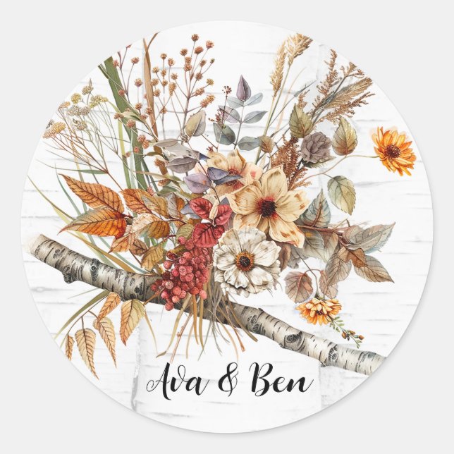 Sticker Rond Oiseau d'automne et Mariage Fleur sauvage (Devant)