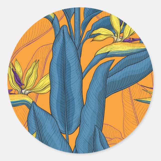 Sticker Rond Oiseau de fleurs paradisiaques sur orange (Devant)