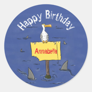 Sticker Rond Oiseau de mer amusant entouré de dessins animés de