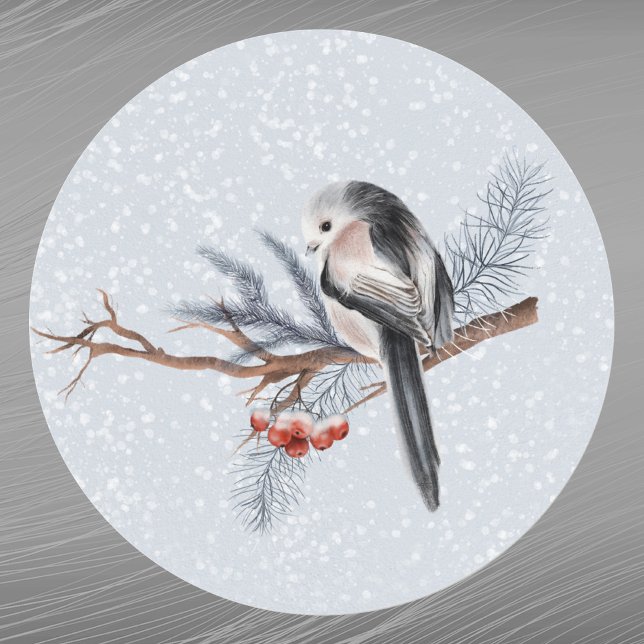 Sticker Rond Oiseau de Noël Baies rouges Pine Boughs Aquarelle (Créateur téléchargé)