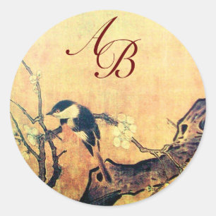 Sticker Rond OISEAU DE PRINTEMPS ET FLEURS MONOGRAMME JAUNE Bro