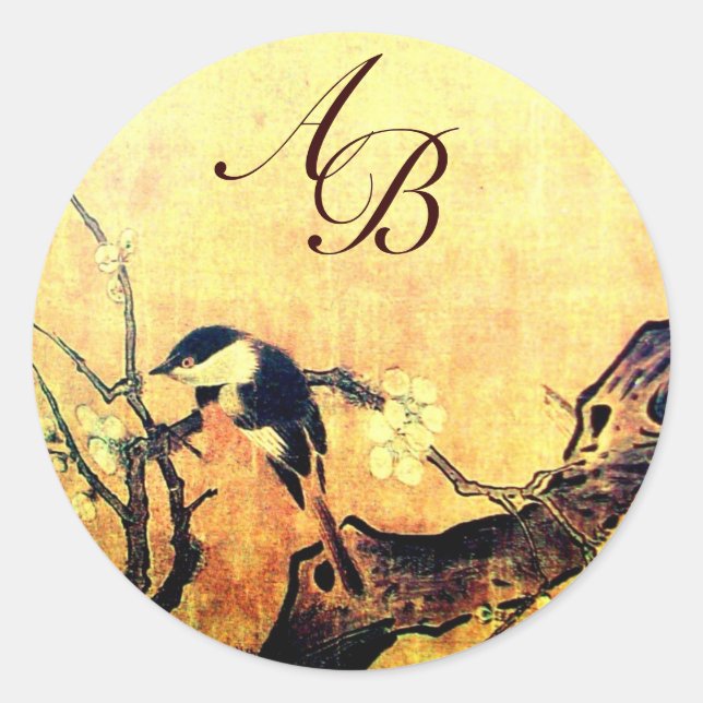 Sticker Rond OISEAU DE PRINTEMPS ET FLEURS MONOGRAMME JAUNE Bro (Devant)