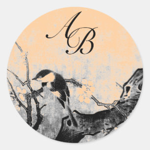 STICKER ROND OISEAU DE PRINTEMPS ET MONOGRAMME D'ARBRE DE FLEUR