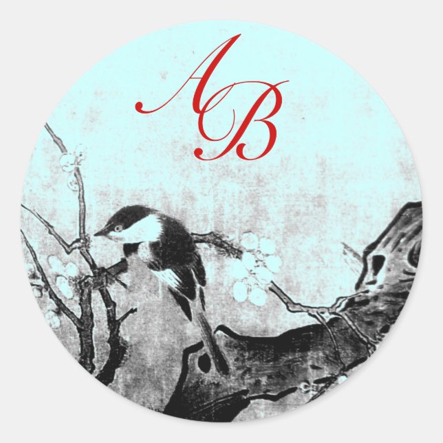 STICKER ROND OISEAU DE PRINTEMPS ET MONOGRAMME D'ARBRE DE FLEUR (Devant)