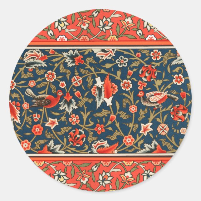 Sticker Rond Oiseau et fleurs Perse Motif bleu rouge (Devant)