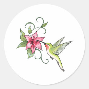 STICKER ROND OISEAU HUMMINGBIRD ET FLEURS