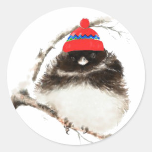 Sticker Rond Oiseau mignon d'hiver dans le casquette, Noël,