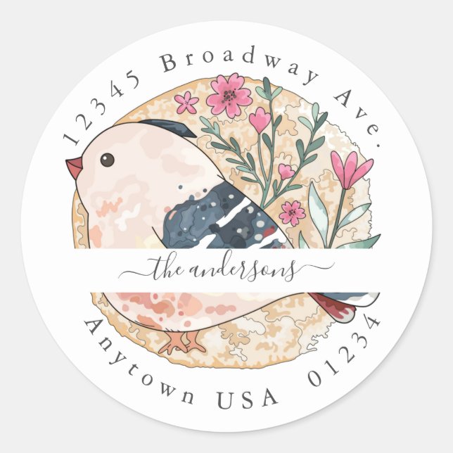 Sticker Rond Oiseau peint et flore Adresse de retour Enveloppe  (Devant)