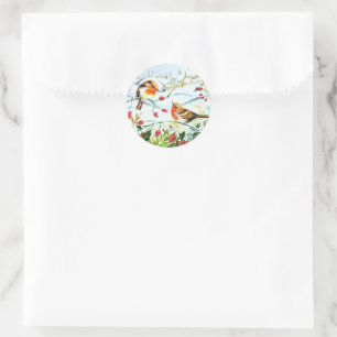 Sticker Rond Oiseau Robin Couple Winter Holly Noël