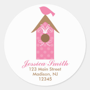 Sticker Rond Oiseau rose sur Birdhouse