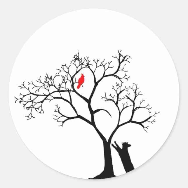 Sticker Rond Oiseau rouge cardinal dans l'arbre d'hiver neigeux (Devant)