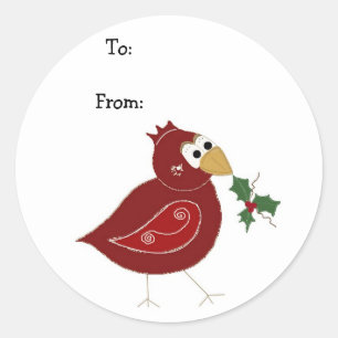 Sticker Rond Oiseau rouge fantaisiste avec brindille de houx