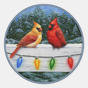 Sticker Rond Oiseaux cardinaux et lumières de Noël