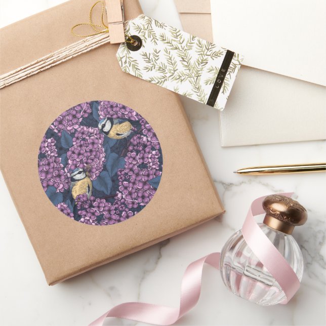 Sticker Rond Oiseaux dans le jardin violet lilas (Cadeaux)