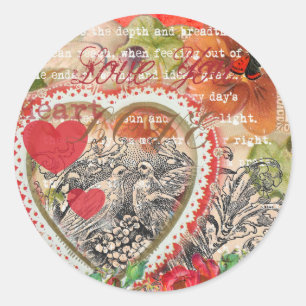 Sticker Rond Oiseaux de l'amour Cœur Rouge Collage d'art