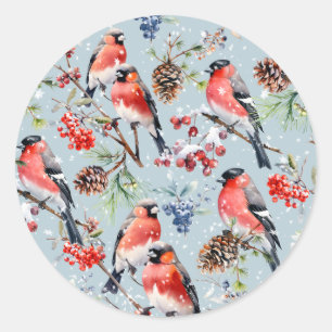 Sticker Rond Oiseaux de Noël Red Bullfinch Berries & Pine Cônes