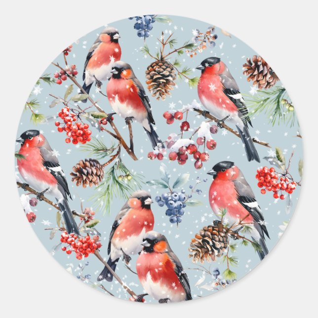 Sticker Rond Oiseaux de Noël Red Bullfinch Berries & Pine Cônes (Devant)