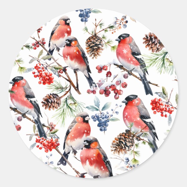 Sticker Rond Oiseaux de Noël Red Bullfinch Berries & Pine Cônes (Devant)