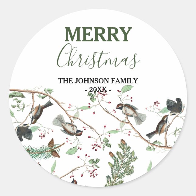 Sticker Rond Oiseaux de poulet Baies et Pinecones Noël (Devant)