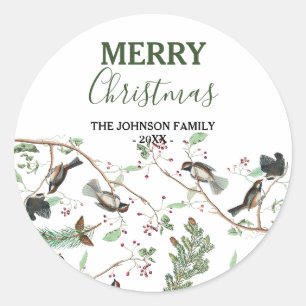 Sticker Rond Oiseaux de poulet Baies et Pinecones Noël