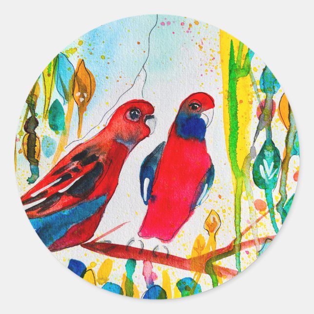 Sticker Rond Oiseaux de Rosella dans l'art de l'aquarelle des a (Devant)