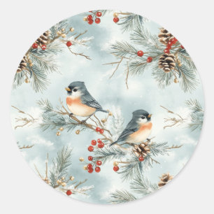 Sticker Rond Oiseaux d'hiver Motif avec Pinecones et neige