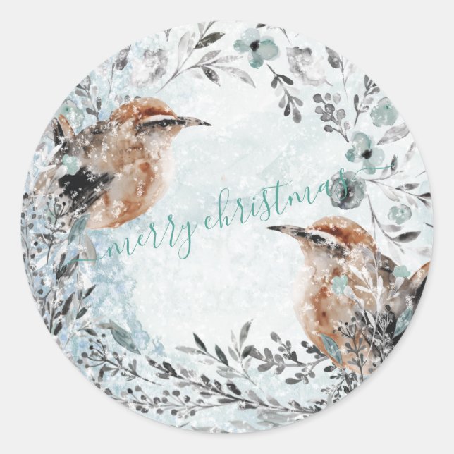 Sticker Rond Oiseaux d'hiver Nichant Dusty Blue Christmas Wreat (Devant)