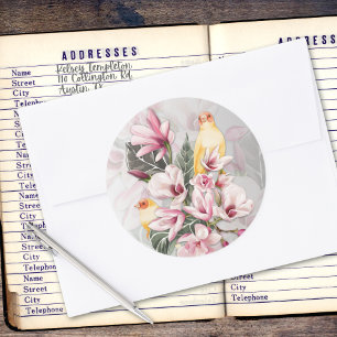 Sticker Rond Oiseaux et fleurs de Magnolia rose