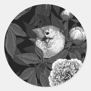 Sticker Rond Oiseaux et fleurs de pivoines monochromes, gris