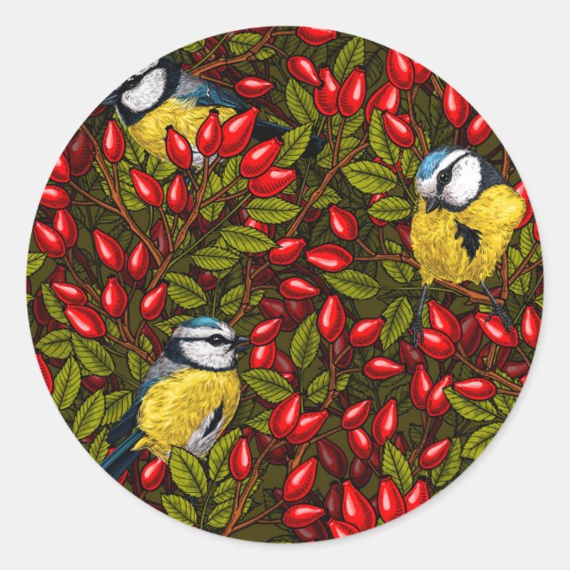 Sticker Rond Oiseaux et hanches roses de chien, vert et rouge (Devant)