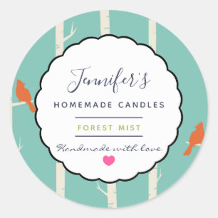 Sticker Rond Oiseaux orange rétro sur bouleaux savon à bougies