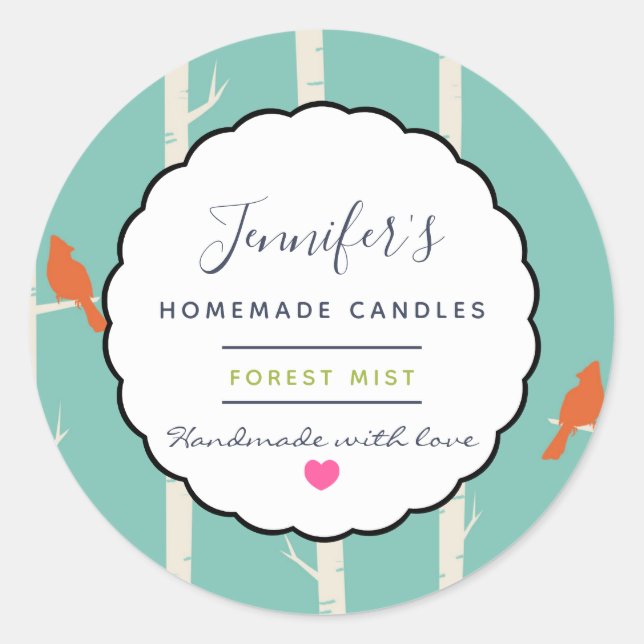 Sticker Rond Oiseaux orange rétro sur bouleaux savon à bougies (Devant)