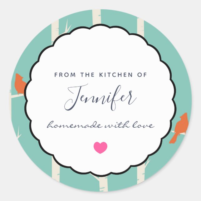 Sticker Rond Oiseaux oranges rétro sur bouleaux Cuisine (Devant)